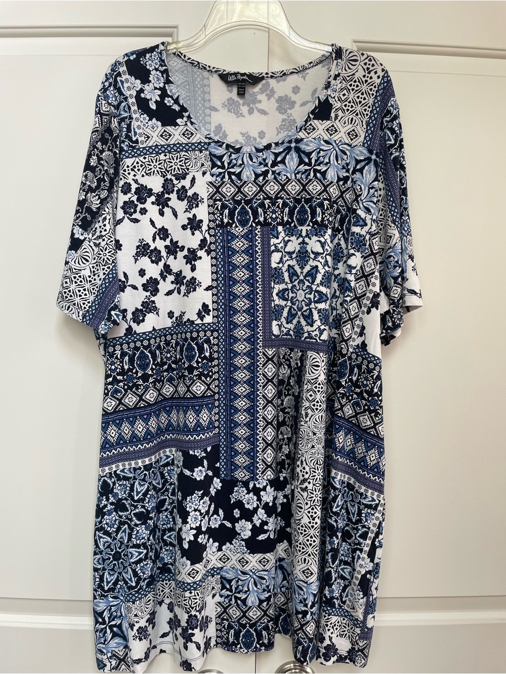Ulla Popken Blue White Purple Patchwork Scoop Neck Soft Tunic Relaxed Fit Dress